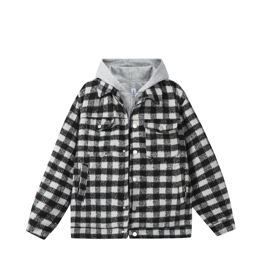 Damen Kurzblouson im Shacket‑Stil mit Karo‑Wolloptik und integrierter Sweatkapuze Nord Taschen