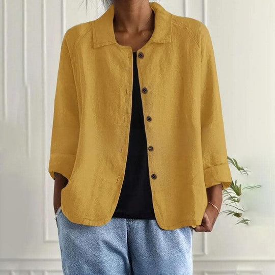 Damen Oversized Leinen-Hemdjacke mit Hemdkragen, 3/4-Ärmeln und durchgehender Knopfleiste Nord Taschen