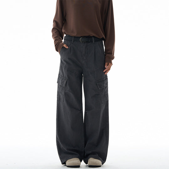 Damen Weit geschnittene Utility‑Cargohose im Palazzoschnitt mit hoher Taille und aufgesetzten Pattentaschen Nord Taschen