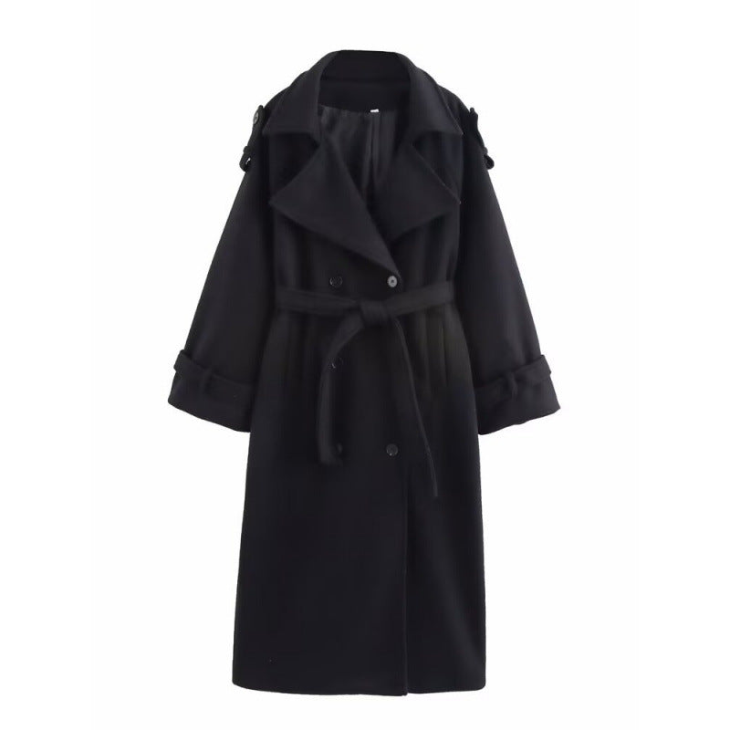 Damen langer doppeltreihiger Wollmix-Trenchcoat mit Gürtel und breitem Revers Nord Taschen