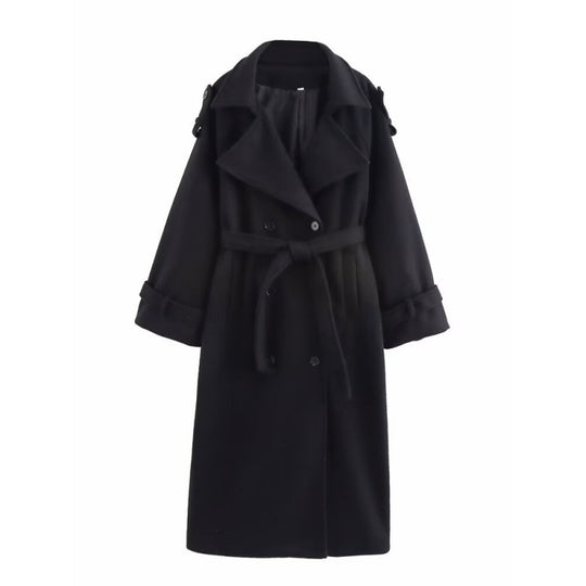 Damen langer doppeltreihiger Wollmix-Trenchcoat mit Gürtel und breitem Revers Nord Taschen