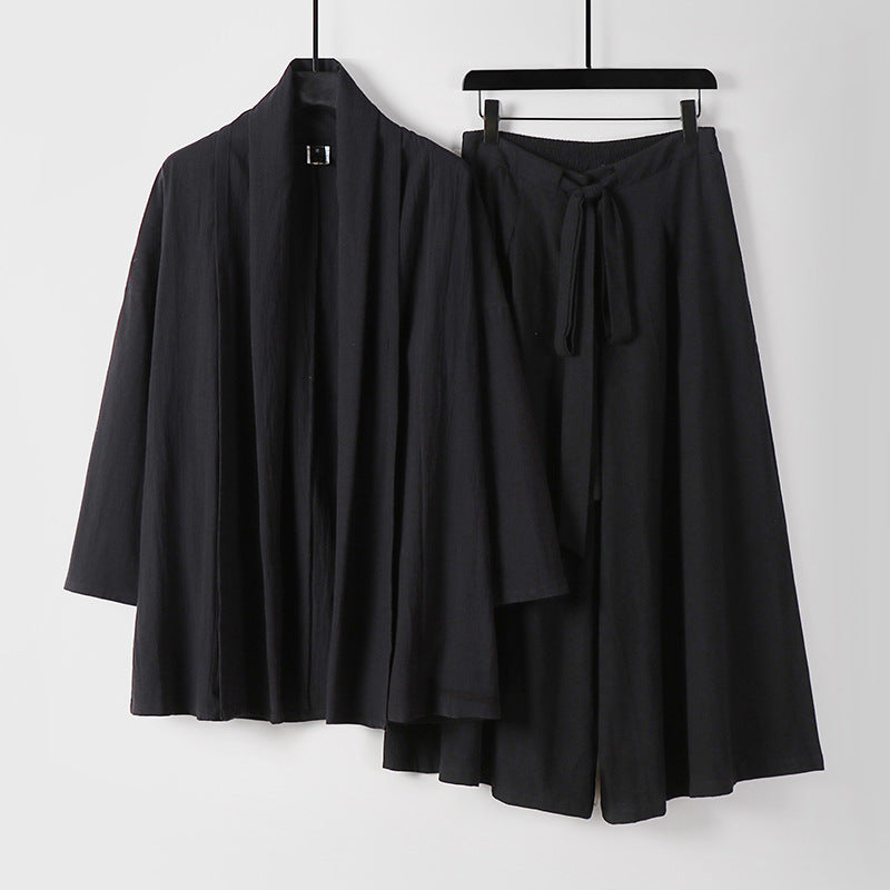 Damen Zweiteiliges Lounge-Set im Kimono-Stil mit offenem Schalkragen und weitem Palazzo-Hosenrock Nord Taschen
