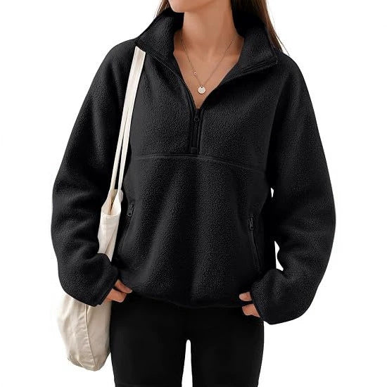 Damen Oversize Sherpa-Fleece-Pullover mit Halbreißverschluss und Kängurutasche Nord Taschen