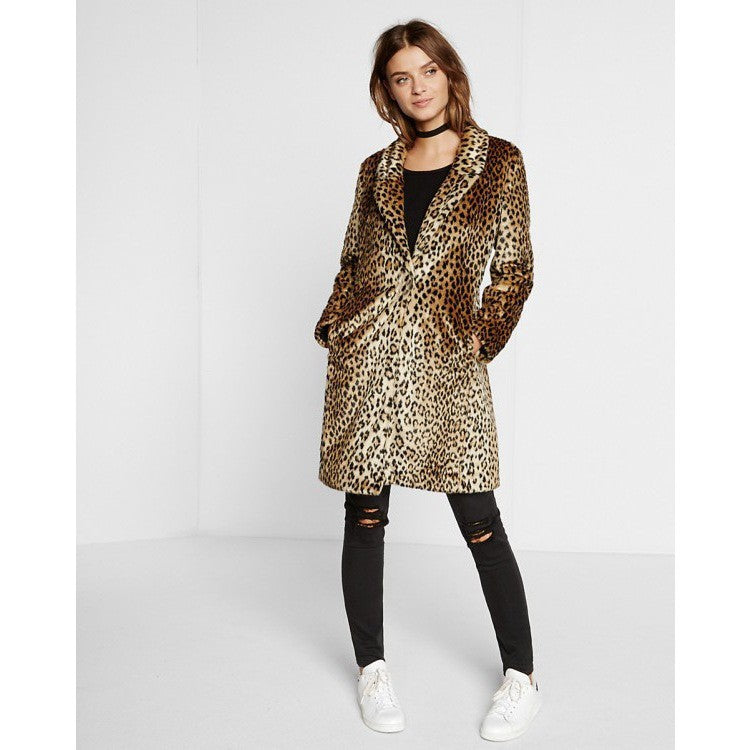 Damen Midilanger Faux‑Fur‑Mantel im Leopardenprint mit Reverskragen und Eingrifftaschen Nord Taschen