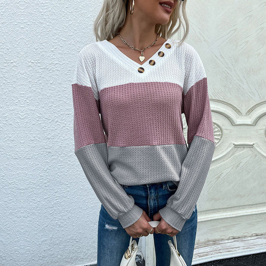 Damen Garnstruktur-Colorblock-Pullover mit V‑Ausschnitt und Zierknopfleiste Nord Taschen