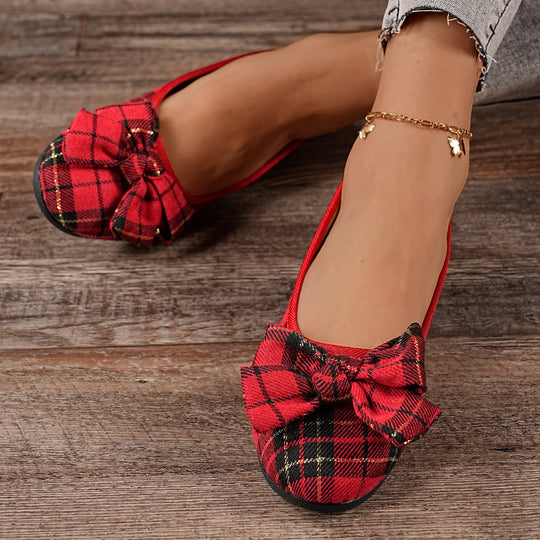 Damen  karierter Ballerina Slipper mit dekorativer Schleife und gepolstertem Komfortfußbett Nord Taschen