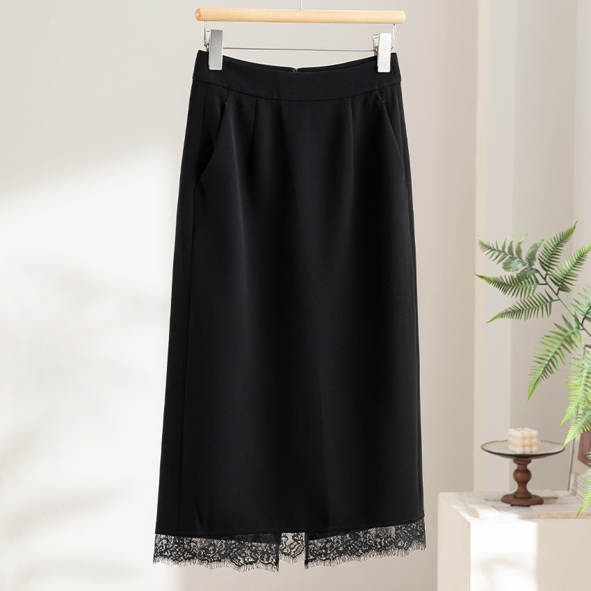 Damen Midirock aus Satin mit Spitzenbesatz und Seitentaschen Nord Taschen
