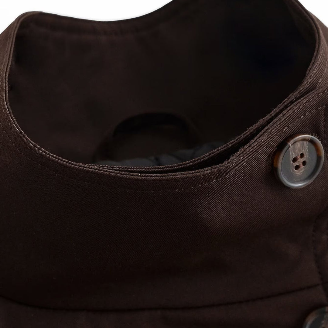 Damen Kurze Cape-Trenchjacke mit Stehkragen, Schulterriegeln und Bindegürtel Nord Taschen