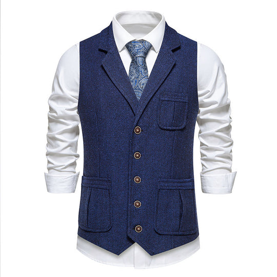 Herren Tweed‑Weste mit Fischgrätmuster, Reverskragen und aufgesetzten Taschen Nord Taschen