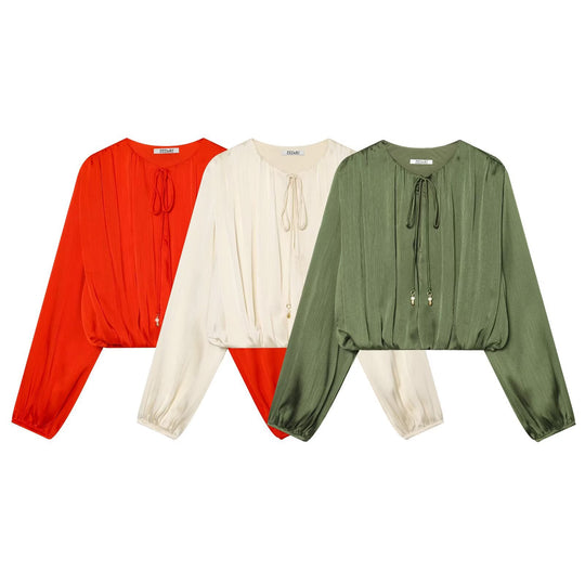 Damen Plissierte Cropped-Bluse mit Kordelzug und Ballonärmeln Nord Taschen