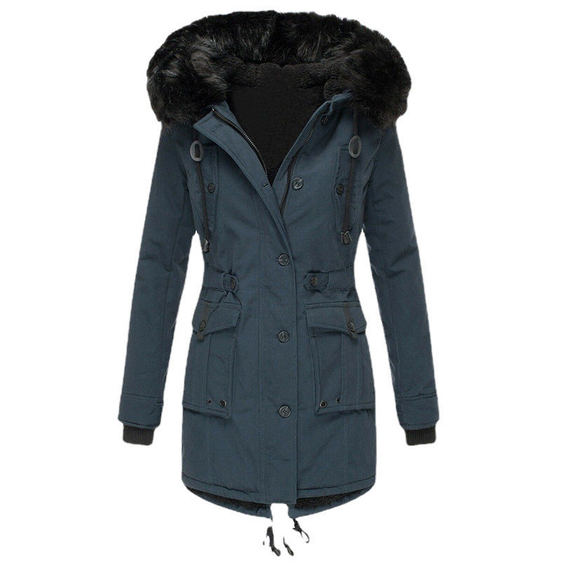 Damen Gefütterter Parka mit Kapuze und abnehmbarem Kunstpelzbesatz, taillierter Wintermantel Nord Taschen