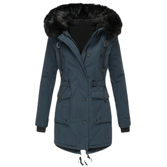 Damen Gefütterter Parka mit Kapuze und abnehmbarem Kunstpelzbesatz, taillierter Wintermantel Nord Taschen