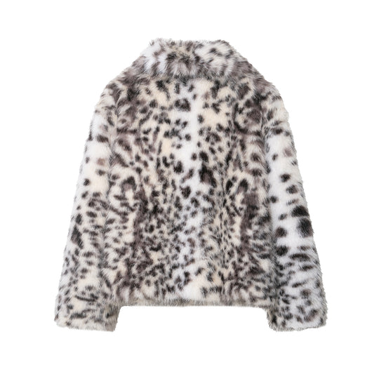Damen Kurzer Kunstfellmantel mit Leopardenmuster und Schalkragen Nord Taschen