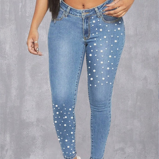 Damen High-Waist Skinny-Jeans mit Perlenapplikation Nord Taschen