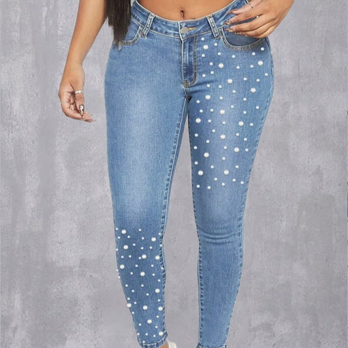 Damen High-Waist Skinny-Jeans mit Perlenapplikation Nord Taschen