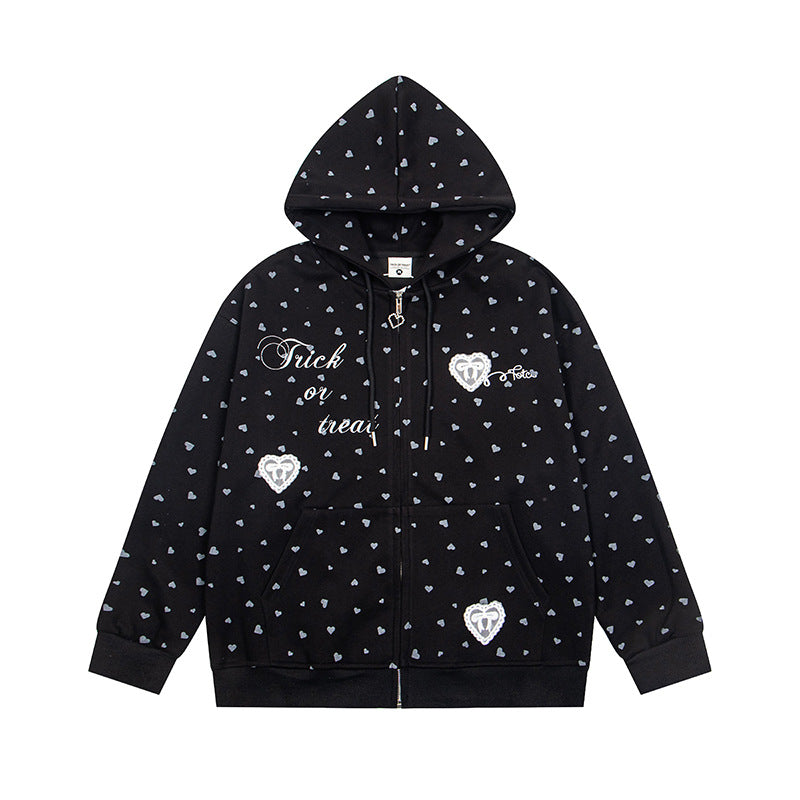 Damen Kapuzen-Sweatjacke mit durchgehendem Reißverschluss, Allover-Herzprint und Statement-Stickerei Nord Taschen