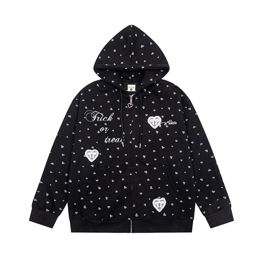 Damen Kapuzen-Sweatjacke mit durchgehendem Reißverschluss, Allover-Herzprint und Statement-Stickerei Nord Taschen