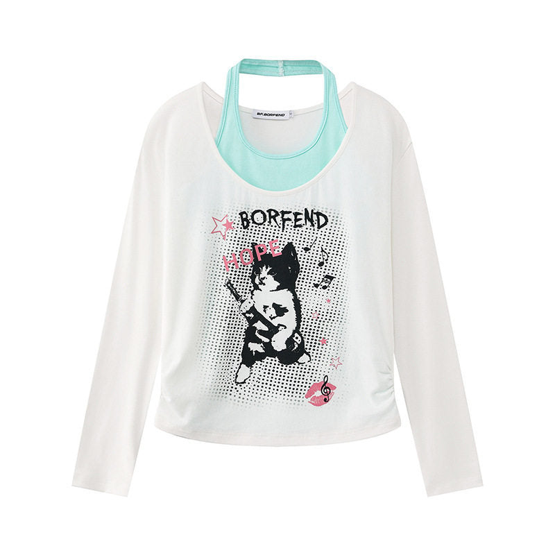 Damen Lagen-Langarmshirt mit Racerback-Innenlayer und Cartoon-Katzenprint Nord Taschen