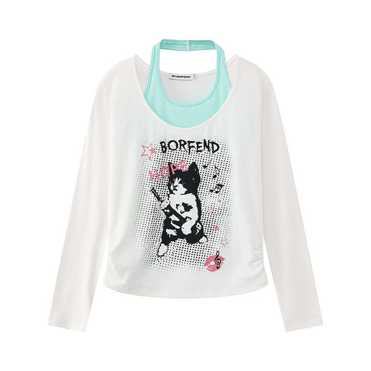 Damen Lagen-Langarmshirt mit Racerback-Innenlayer und Cartoon-Katzenprint Nord Taschen