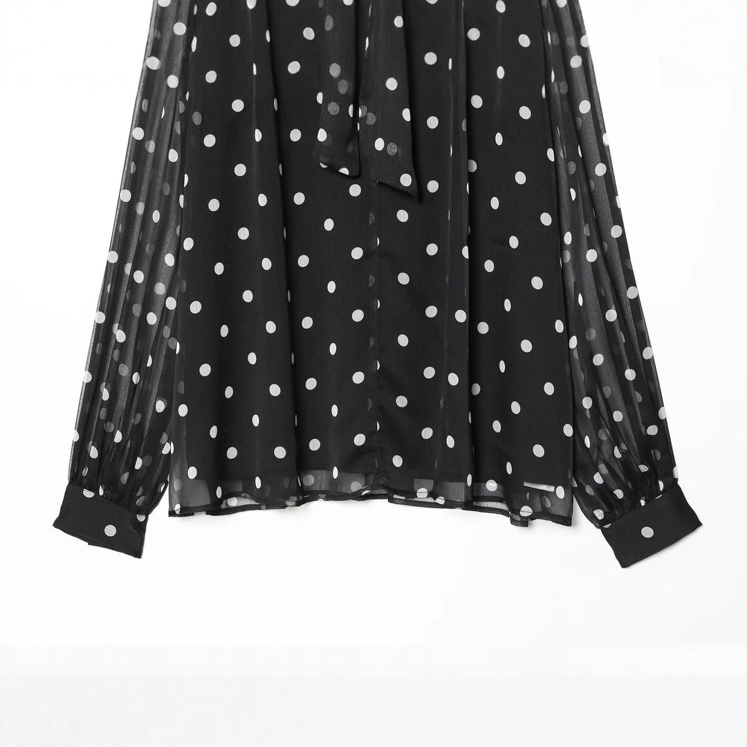 Damen Chiffonbluse mit Polka-Dot, Schleifenbindekragen und transparenten Ballonärmeln Nord Taschen