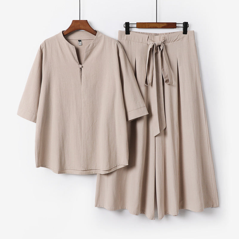 Damen Lässiges Leinen-Viskose Lounge-Set mit Stehkragen-Oberteil und weiten Palazzo-Hose Nord Taschen