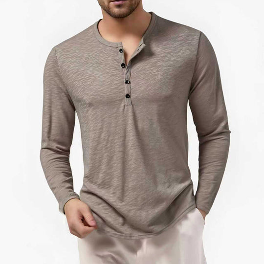 Herren Slim-Fit Henley Langarmshirt mit kurzem Knopfverschluss und abgerundetem Saum Nord Taschen