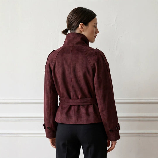 Damen Taillierte Kurzjacke in Wildlederoptik mit Doppelreiher und Stehkragen Nord Taschen