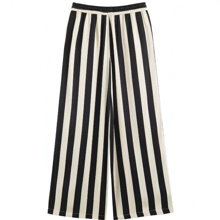 Damen Weite High‑Waist Palazzohose mit vertikalem Streifenmuster und elastischem Bund Nord Taschen
