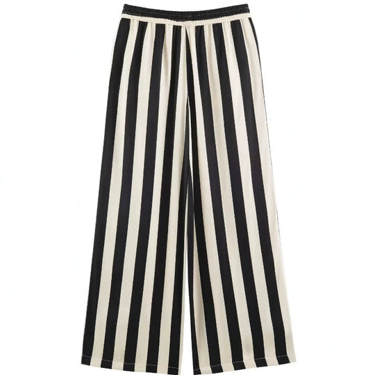 Damen Weite High‑Waist Palazzohose mit vertikalem Streifenmuster und elastischem Bund Nord Taschen
