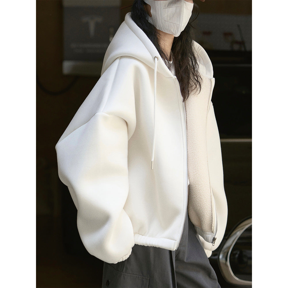 Damen Oversized Kapuzen-Zipjacke mit Teddyfutter und elastischem Saum Nord Taschen