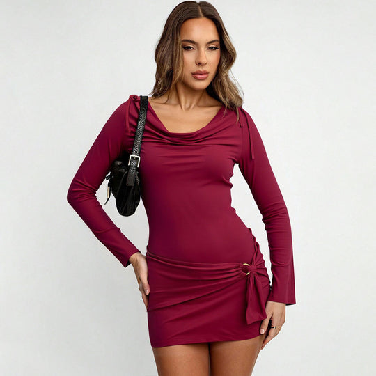 Damen figurbetontes Stretch-Minikleid mit Wasserfallkragen, langen Ärmeln und seitlicher Knotendrapierung Nord Taschen