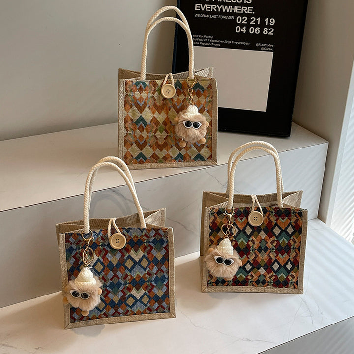 Damen modische Jute-Tragetasche mit buntem Grafikdesign Nord Taschen