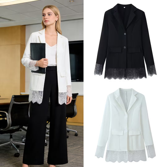 Damen Taillierter Einreihiger Blazer mit Spitzensaum und Spitzenmanschetten Nord Taschen