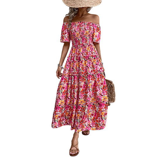 Damen Stufiges Maxikleid mit Carmen‑Ausschnitt, Smok‑Bustier und Seitenschlitz Nord Taschen