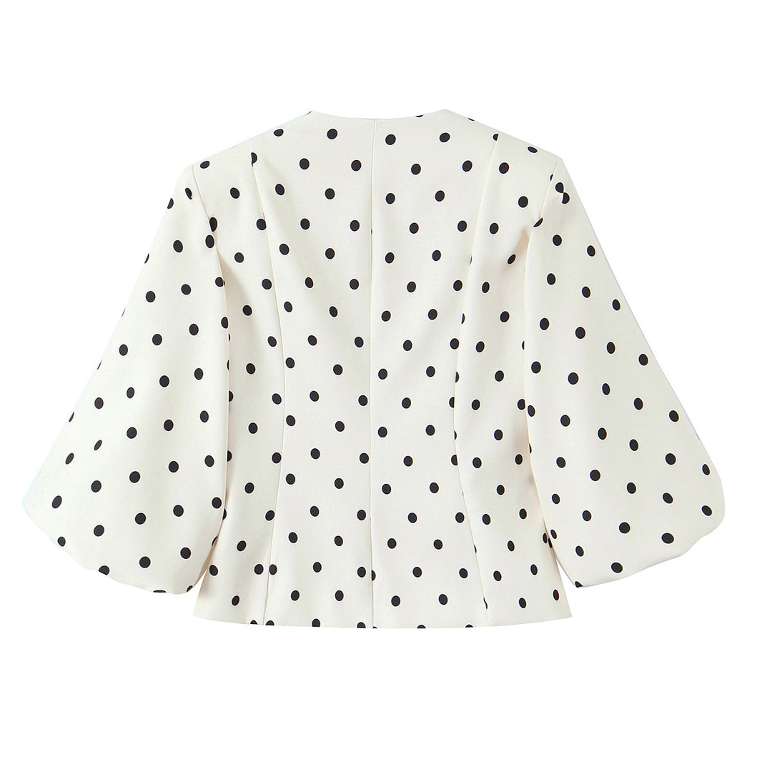 Damen Taillierte Polka‑Dot Blusenjacke mit Volumenärmeln und goldenen Schmuckknöpfen Nord Taschen
