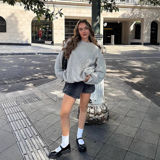 Damen Oversize Strickpullover mit Zopfmuster und Rippbündchen Nord Taschen