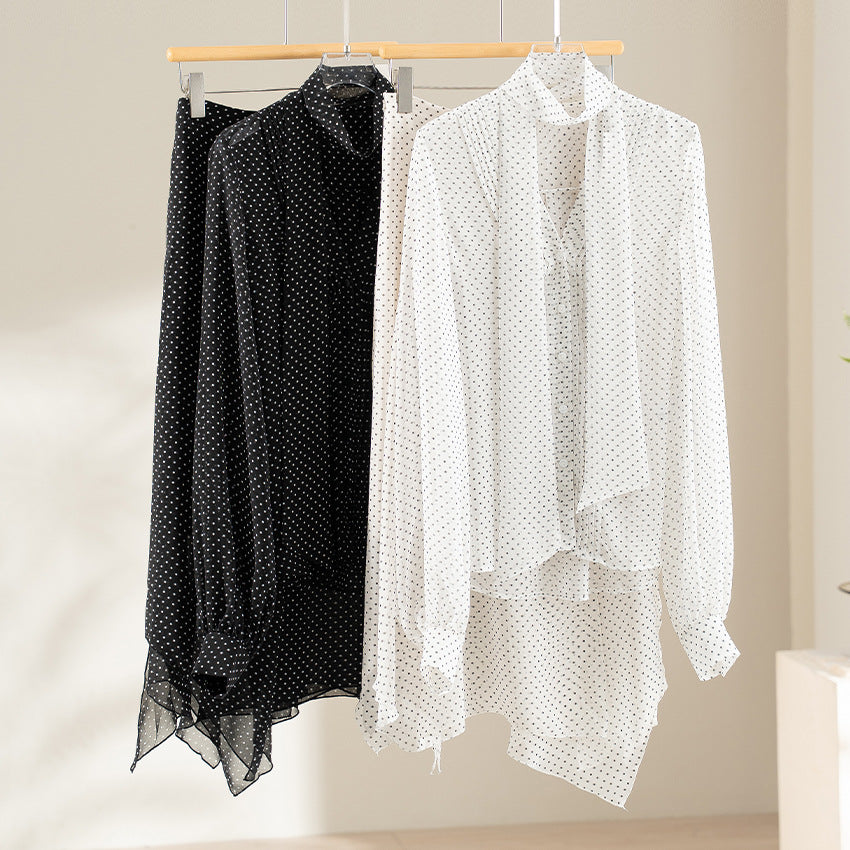 Damen Chiffonbluse mit Schleifenkragen, feinen Pintucks und Tupfenmuster Nord Taschen