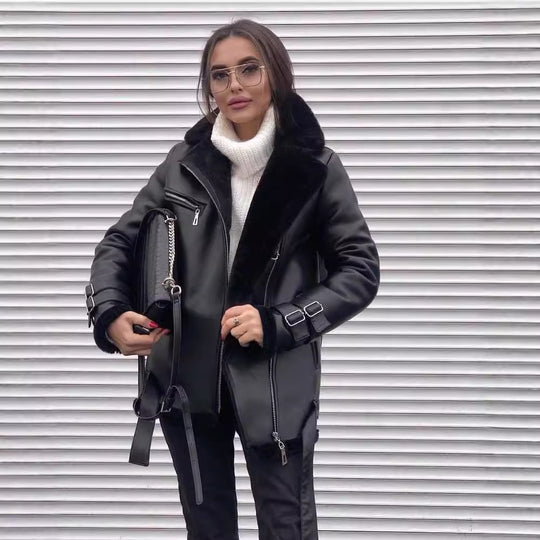 Damen Oversized Kunstleder-Fliegerjacke mit Teddyfell-Futter und Schnallen Nord Taschen