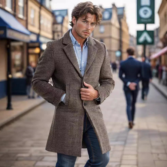 Herren Wollblendmantel im Glencheck mit schlanker langer Silhouette Nord Taschen
