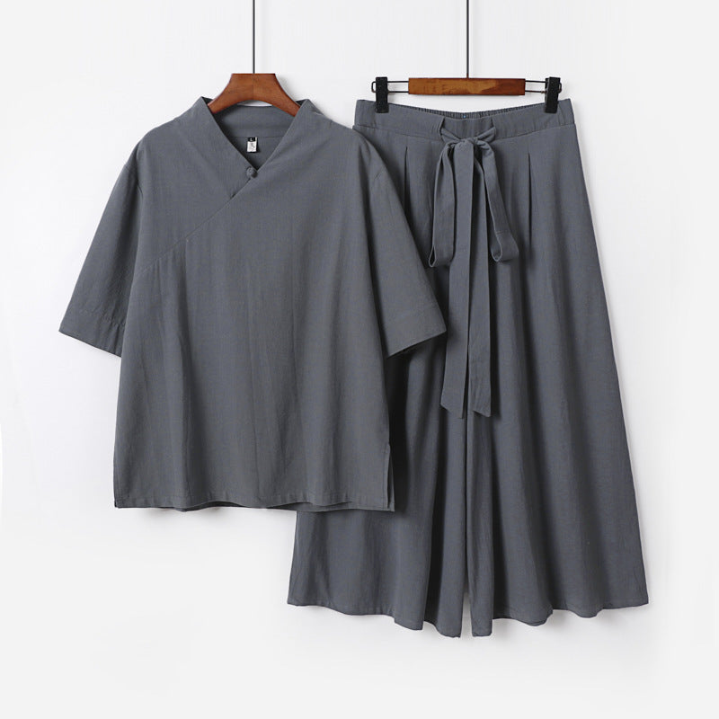 Damen Weites Kimono-Loungewear-Set mit V-Ausschnitt und Culotte-Hose Nord Taschen