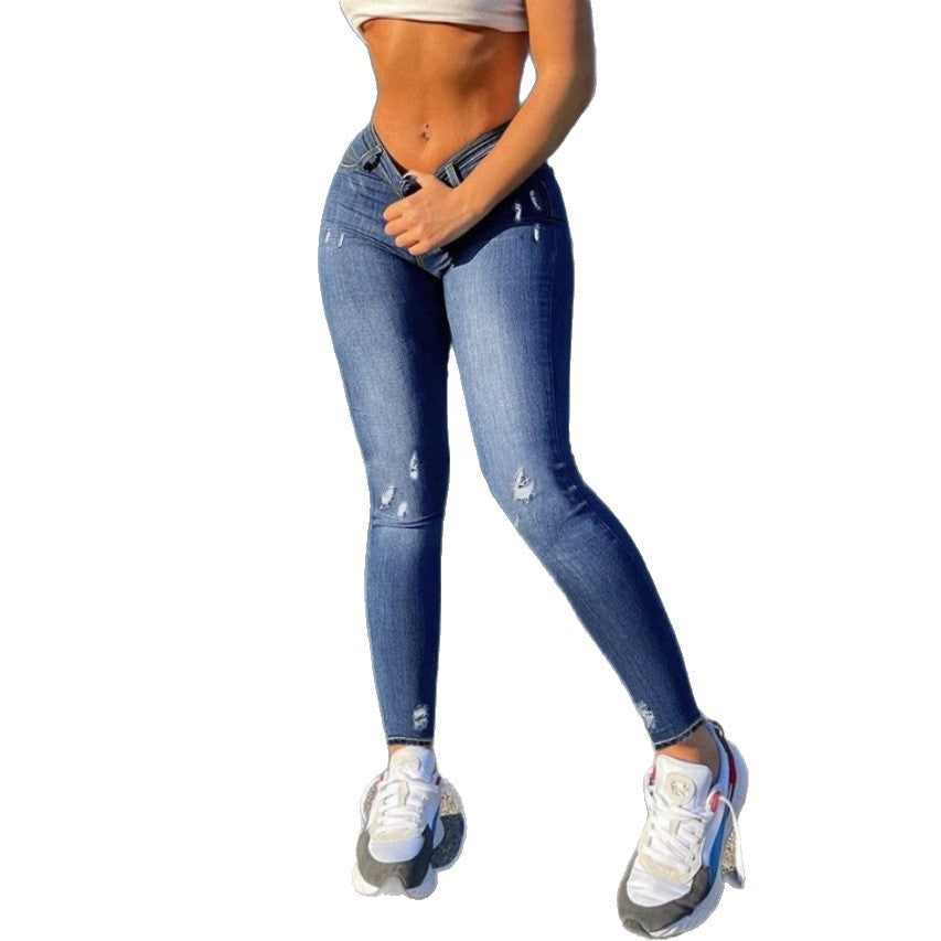 Damen Figurformende V-Bund Skinny-Jeans mit Push-up-Effekt und dezenten Rissdetails Nord Taschen