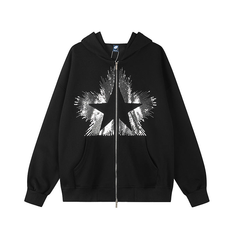 Damen Oversize-Kapuzenjacke aus French Terry mit glitzerndem Sternprint und Metallreißverschluss Nord Taschen