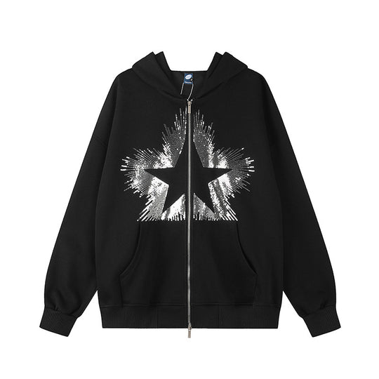 Damen Oversize-Kapuzenjacke aus French Terry mit glitzerndem Sternprint und Metallreißverschluss Nord Taschen
