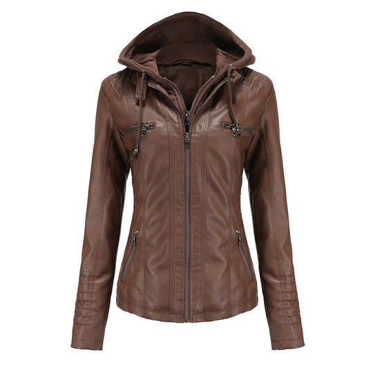Damen Taillierte Kunstlederjacke mit abnehmbarer Kapuze und Reißverschluss Nord Taschen