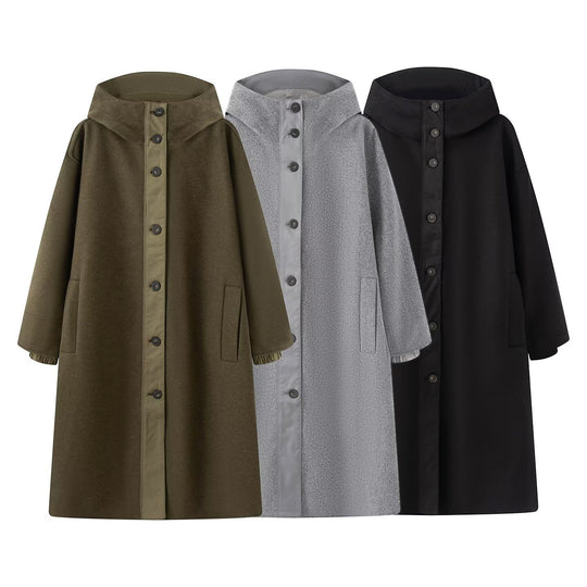 Damen Oversize Wollähnlicher Mantel mit Kapuze und Knopfleiste Nord Taschen