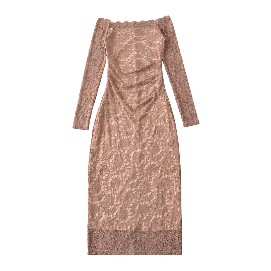 Damen Schulterfreies Spitzenkleid mit Taillenraffung und Langarm Nord Taschen