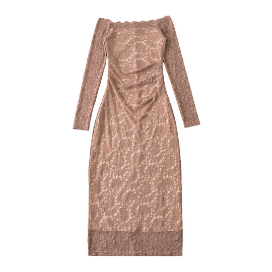 Damen Schulterfreies Spitzenkleid mit Taillenraffung und Langarm Nord Taschen