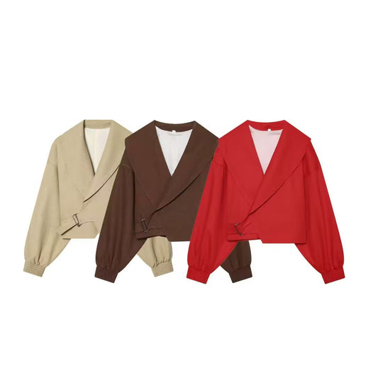 Damen Cropped-Manteljacke mit weitem Schalkragen, Taillenriegel und Ballonärmeln Nord Taschen