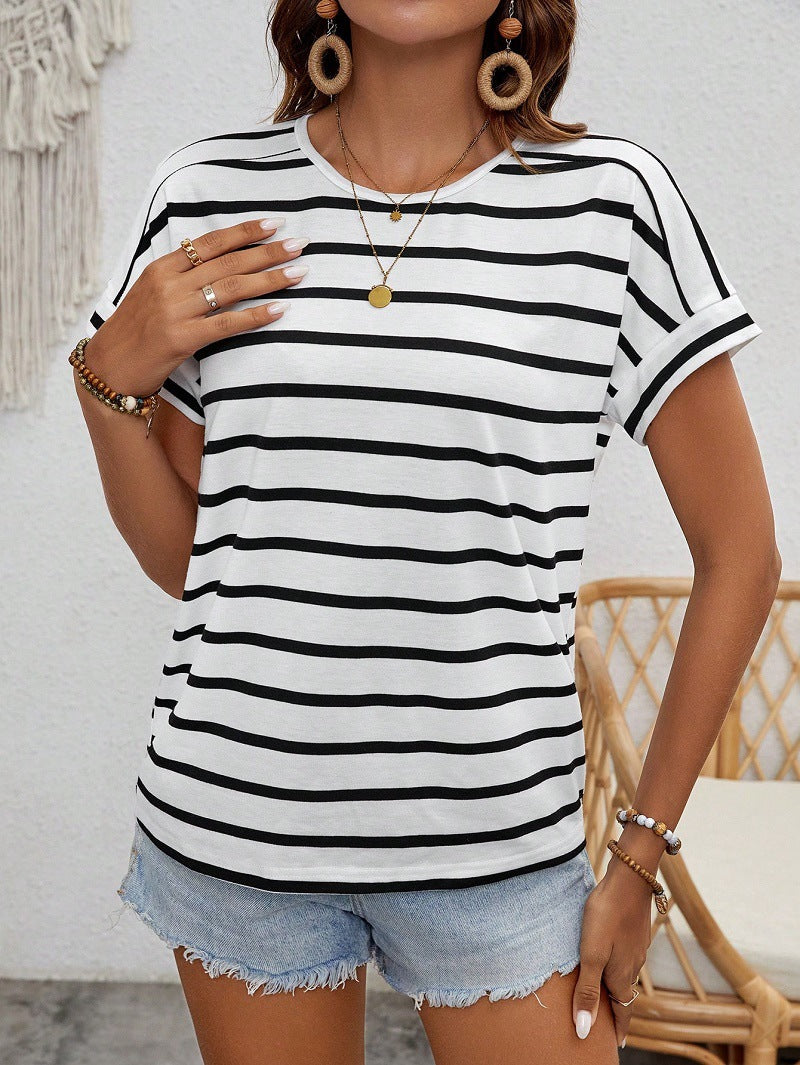 Damen gestreiftes Kurzarm-Shirt Nord Taschen