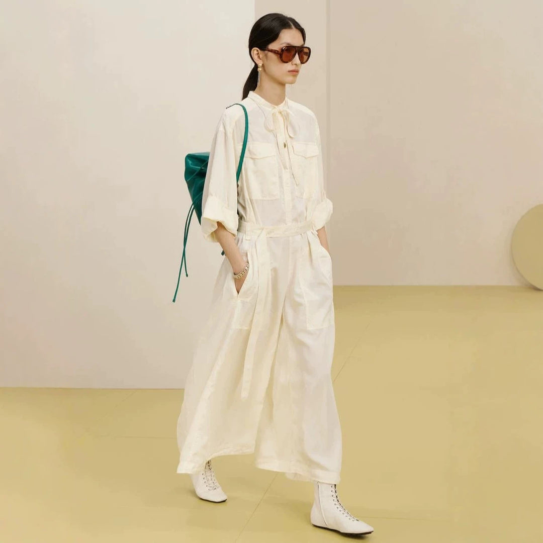 Damen Langer Utility-Jumpsuit mit Hemdkragen und Bindegürtel Nord Taschen